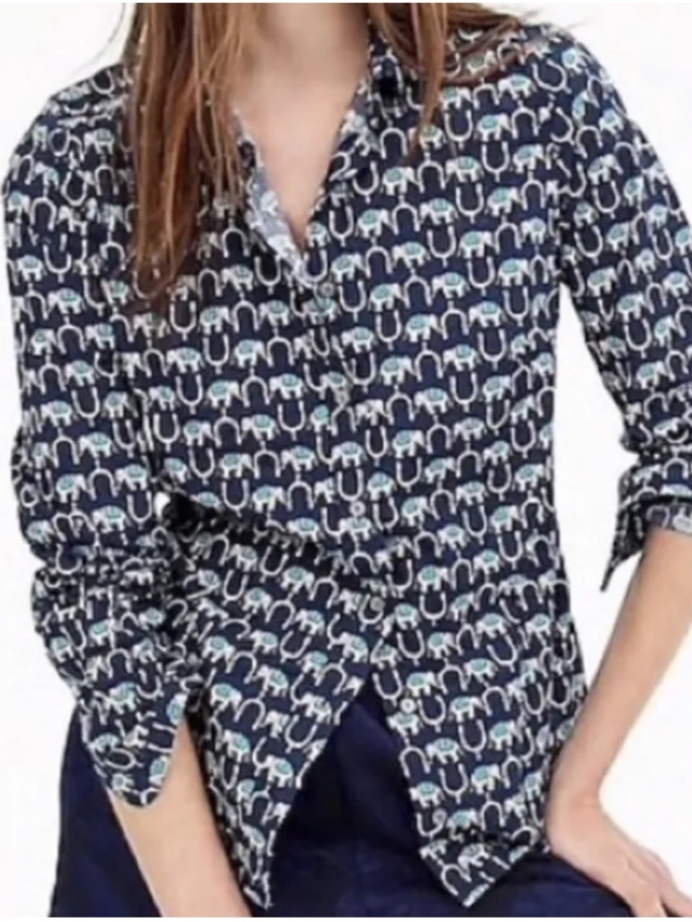 J. Crew Navy Button-Down Shirt with Elephant Print size 6P